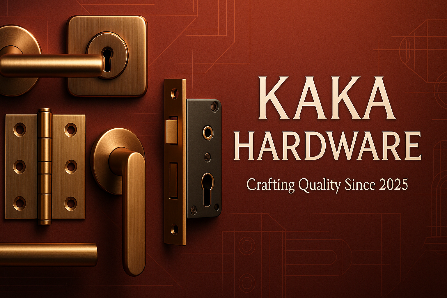 A professional banner for Kaka Hardware with a burgundy to copper gradient background, featuring premium hardware products and white text with metallic outline reading "KAKA HARDWARE" with "Crafting Quality Since 2025" underneath