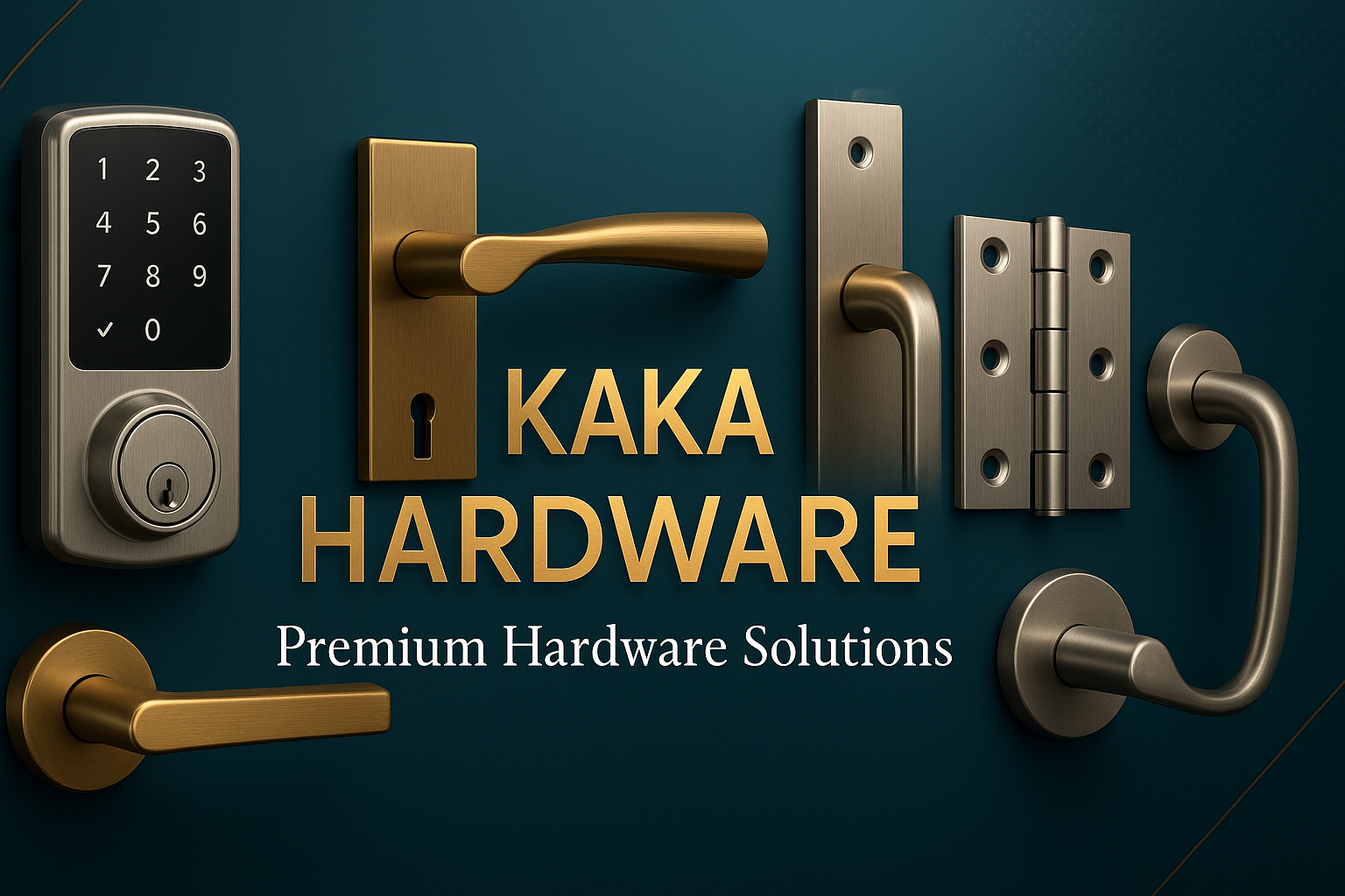 A professional banner for Kaka Hardware with a deep blue to teal gradient background, featuring hardware products and gold metallic text reading "KAKA HARDWARE" with "Premium Hardware Solutions" underneath