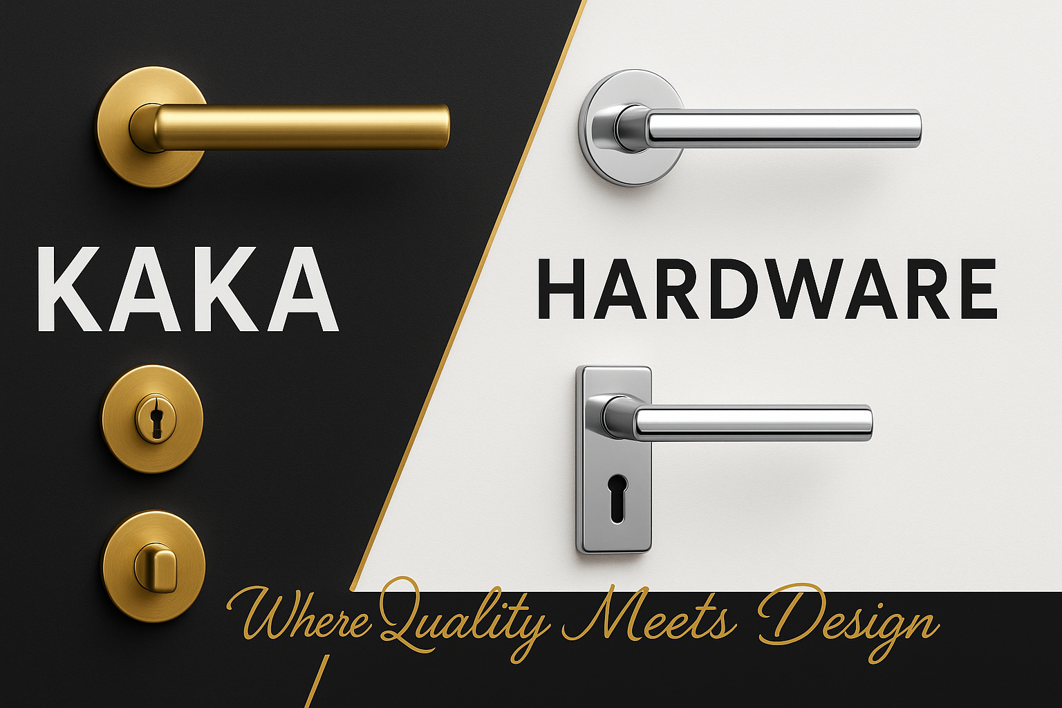 A professional banner for Kaka Hardware with a split black and white design, featuring gold/brass hardware on the black side and chrome/silver hardware on the white side, with "KAKA HARDWARE" text split across both sections and "Where Quality Meets Design" in gold script at the bottom