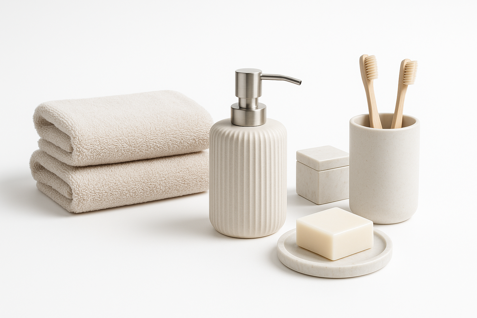 A professional image of a bathroom set with elegant towels, soap dispenser, toothbrush holder, and other bathroom accessories on a pure white background
