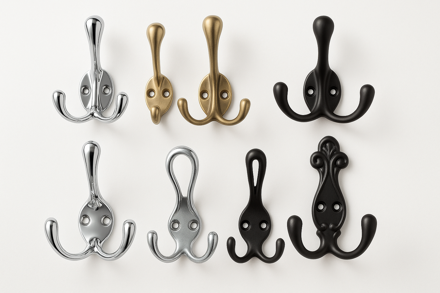 A professional image of cloth hooks in various designs including single hooks, double hooks, and decorative hooks in chrome, brass, and matte black finishes on a pure white background