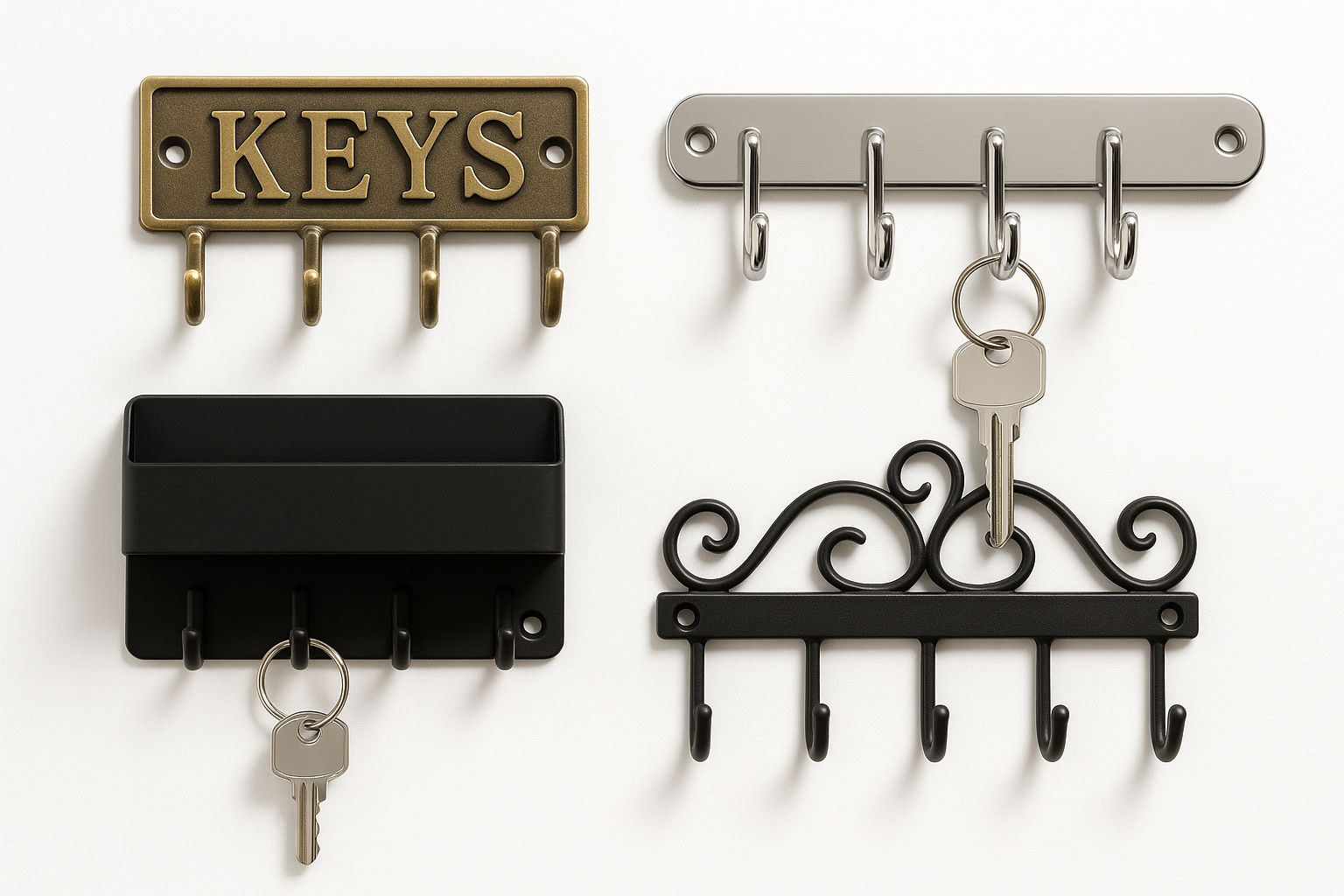 A professional image of decorative key hangers and key holders in various designs including wall-mounted racks, hooks, and organizers in metal finishes on a pure white background