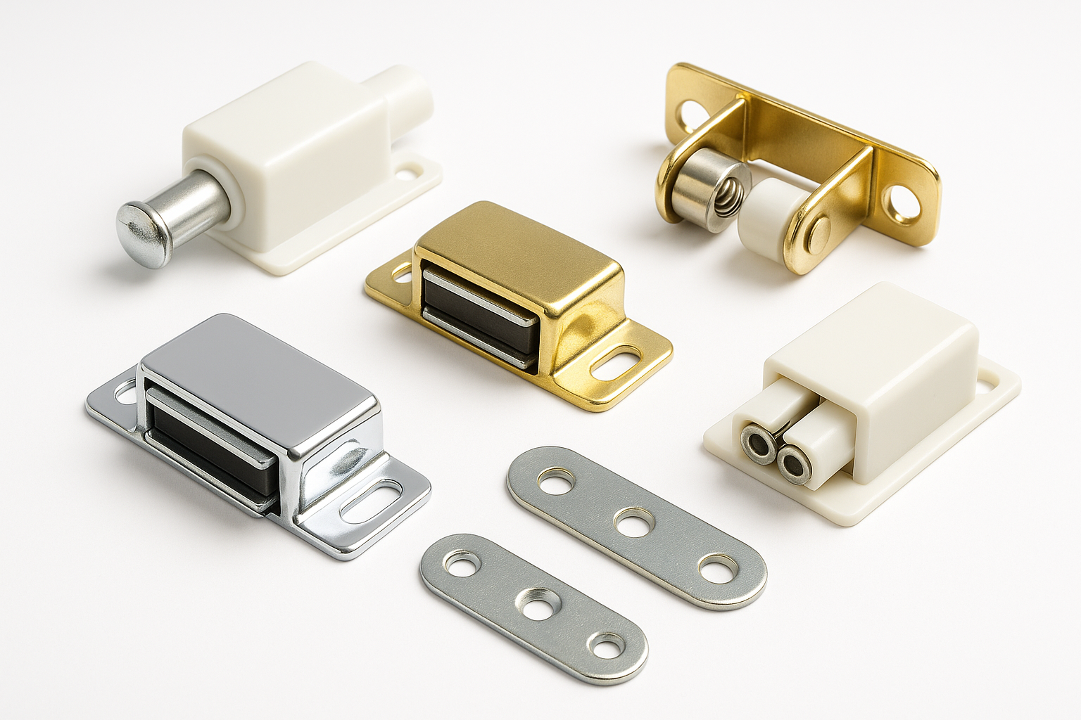 A professional image of door and drawer catchers in various designs and finishes including magnetic, roller, and spring-loaded types in chrome, brass, and white on a pure white background