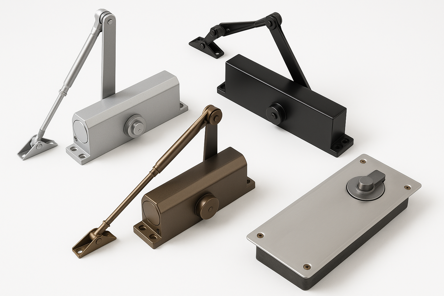 A professional image of door closers in various designs including overhead closers, concealed closers, and floor springs in silver, black, and bronze finishes on a pure white background