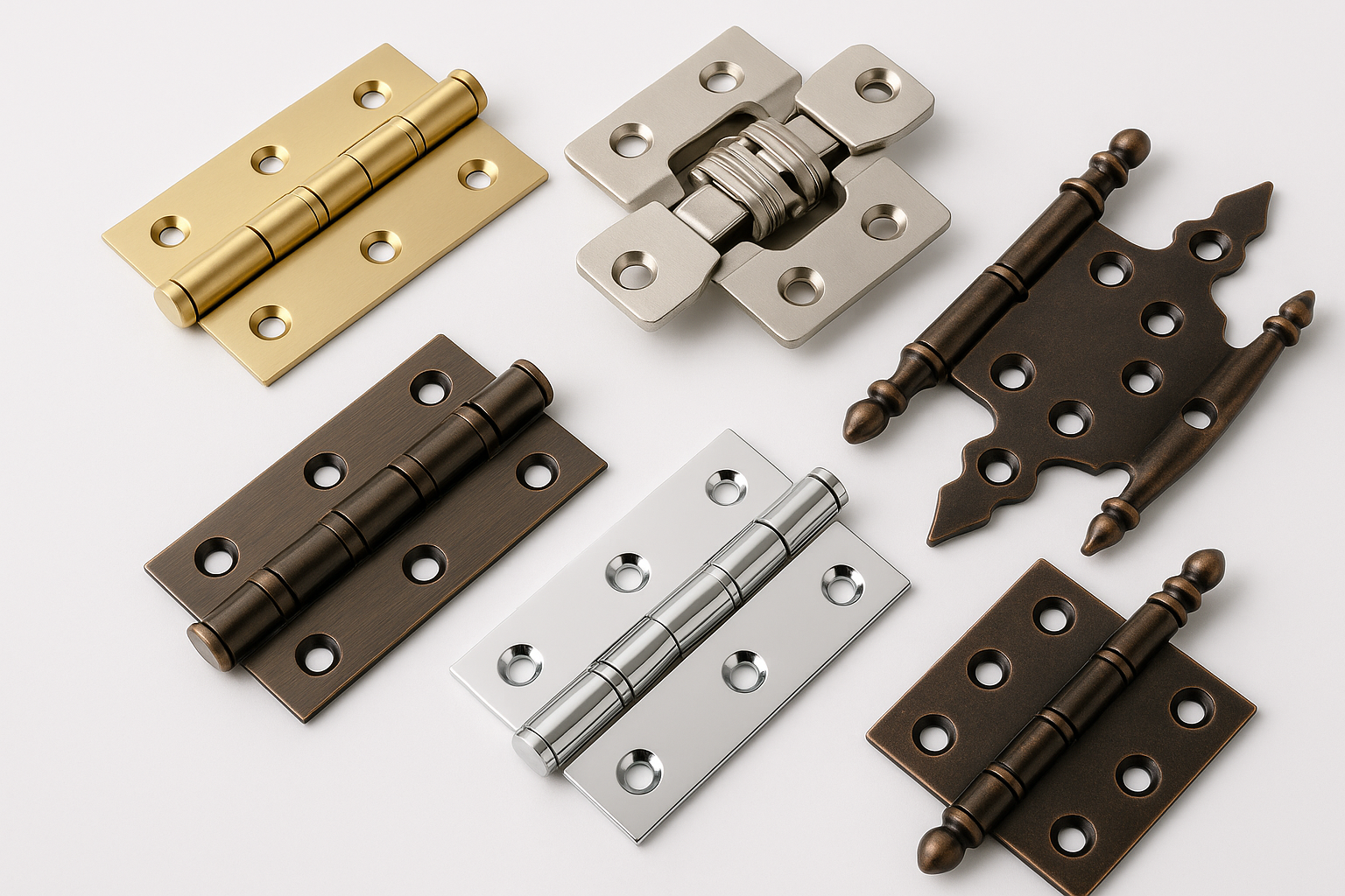 A professional image of door hinges in various styles including butt hinges, concealed hinges, and decorative hinges in brass, chrome, and oil-rubbed bronze finishes on a pure white background