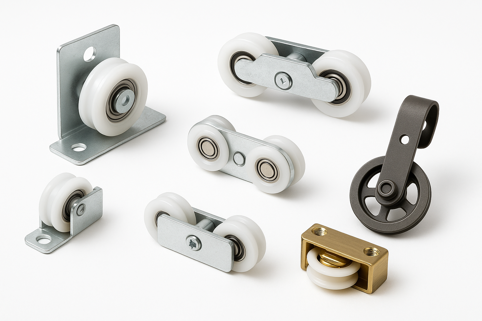 A professional image of door wheels and rollers in various sizes and designs including sliding door wheels, pocket door rollers, and barn door hardware in metal finishes on a pure white background