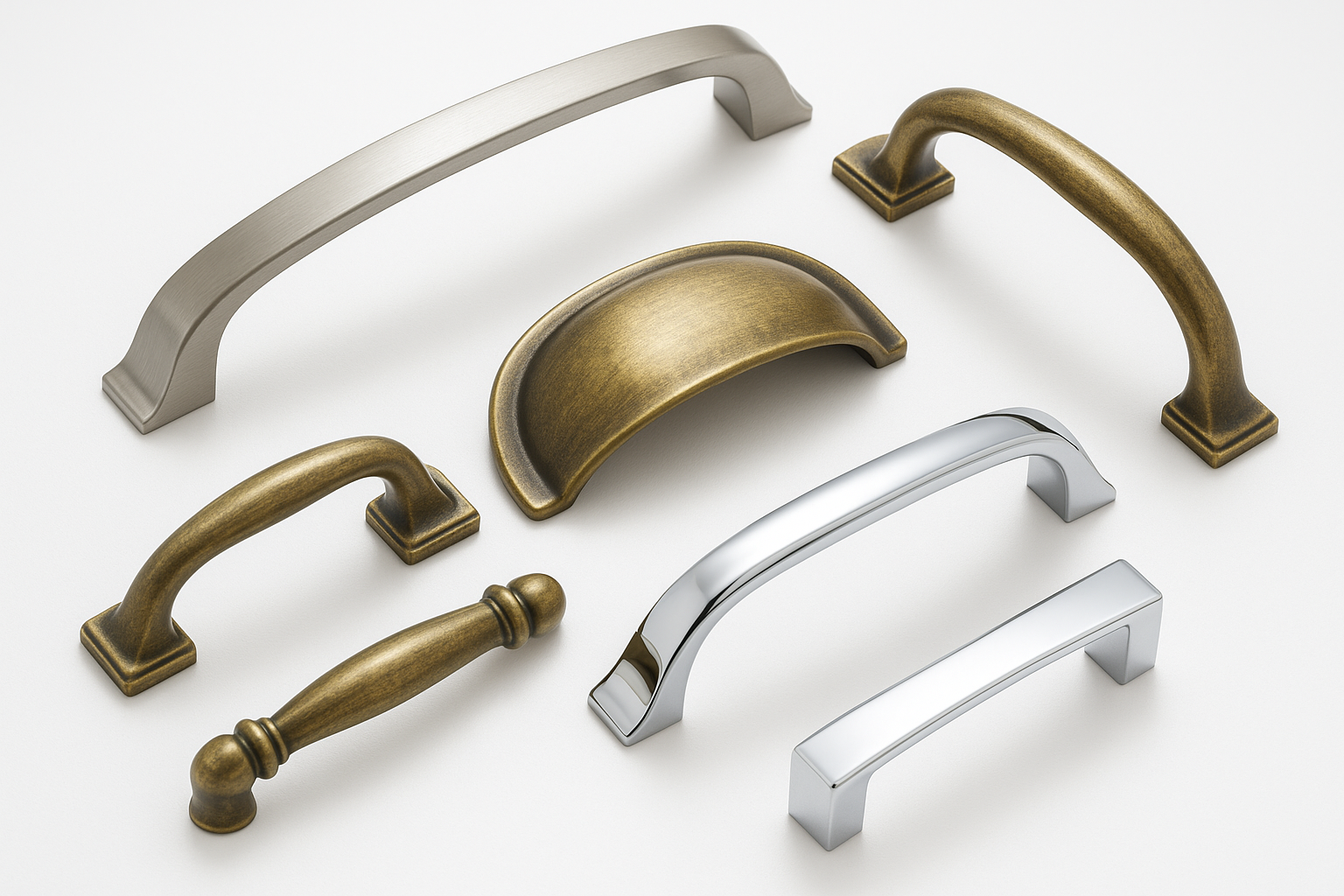 A professional image of elegant furniture handles in various designs and finishes including brushed nickel, antique brass, and modern chrome on a pure white background