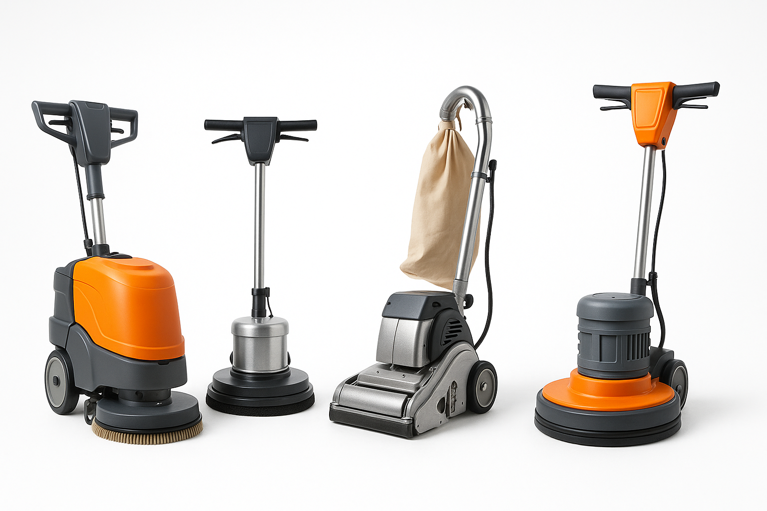 A professional image of floor machines and equipment including floor polishers, sanders, and scrubbers in industrial designs on a pure white background