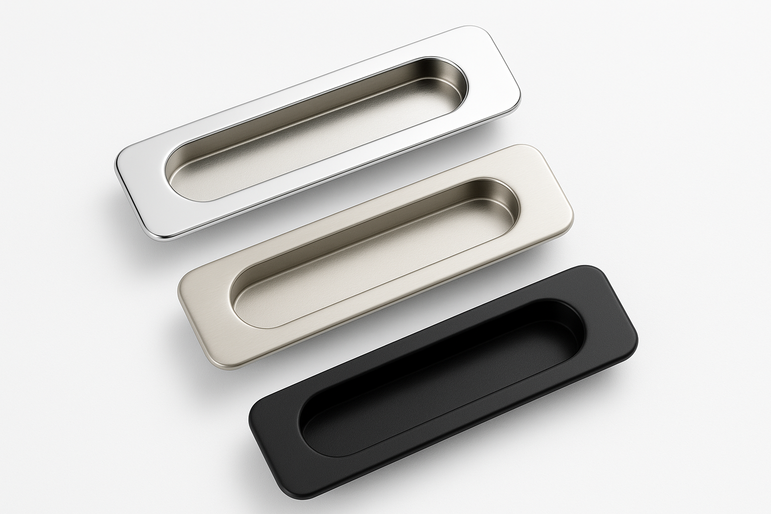 A professional image of flush door handles in minimalist designs and premium finishes including chrome, satin nickel, and matte black on a pure white background