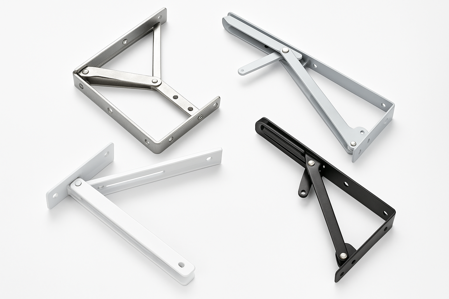 A professional image of folding brackets in various designs including shelf brackets, table brackets, and wall-mounted folding supports in metal finishes on a pure white background