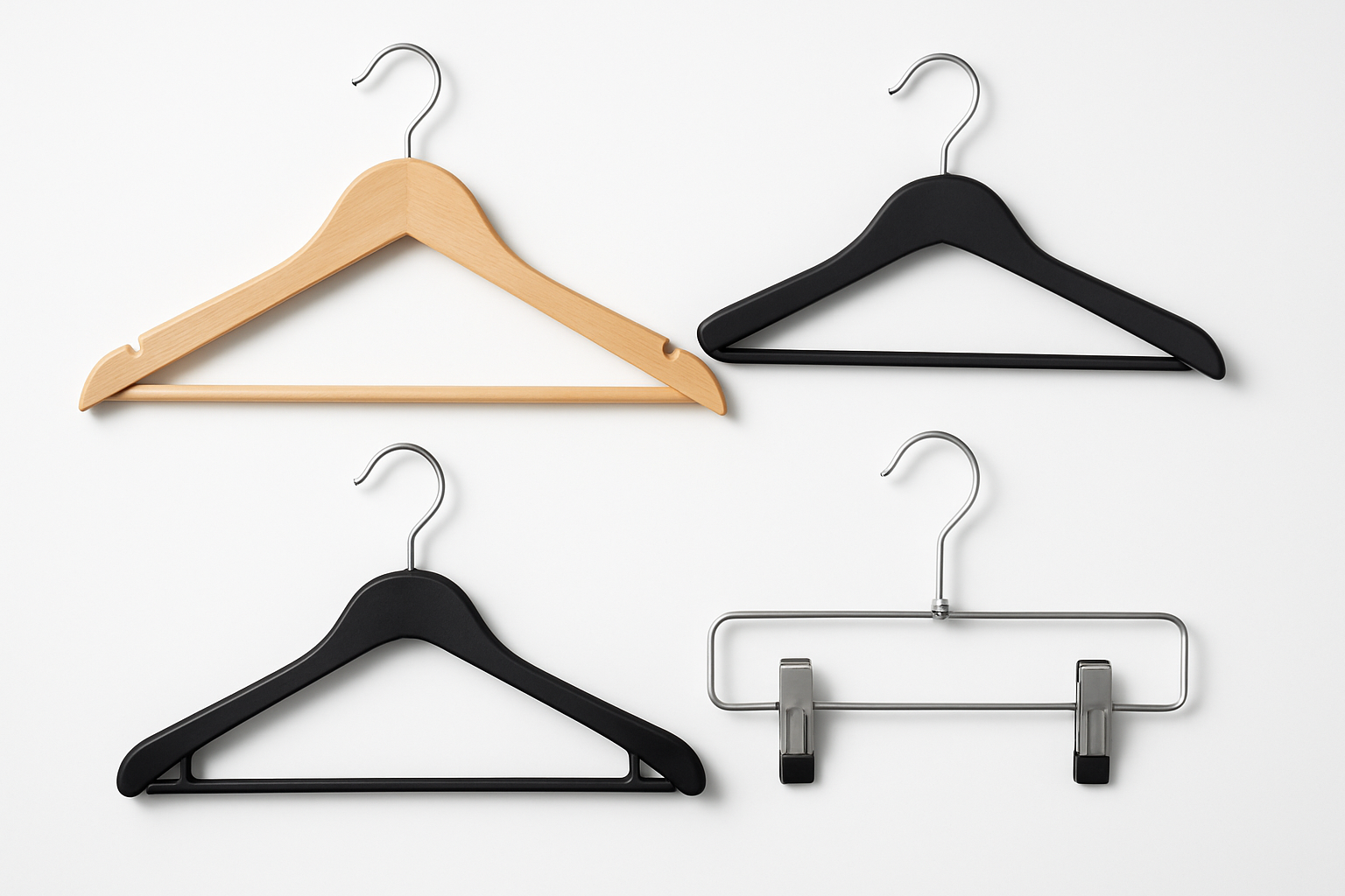 A professional image of garment hangers in various styles including wooden, plastic, and metal designs for suits, shirts, and pants on a pure white background