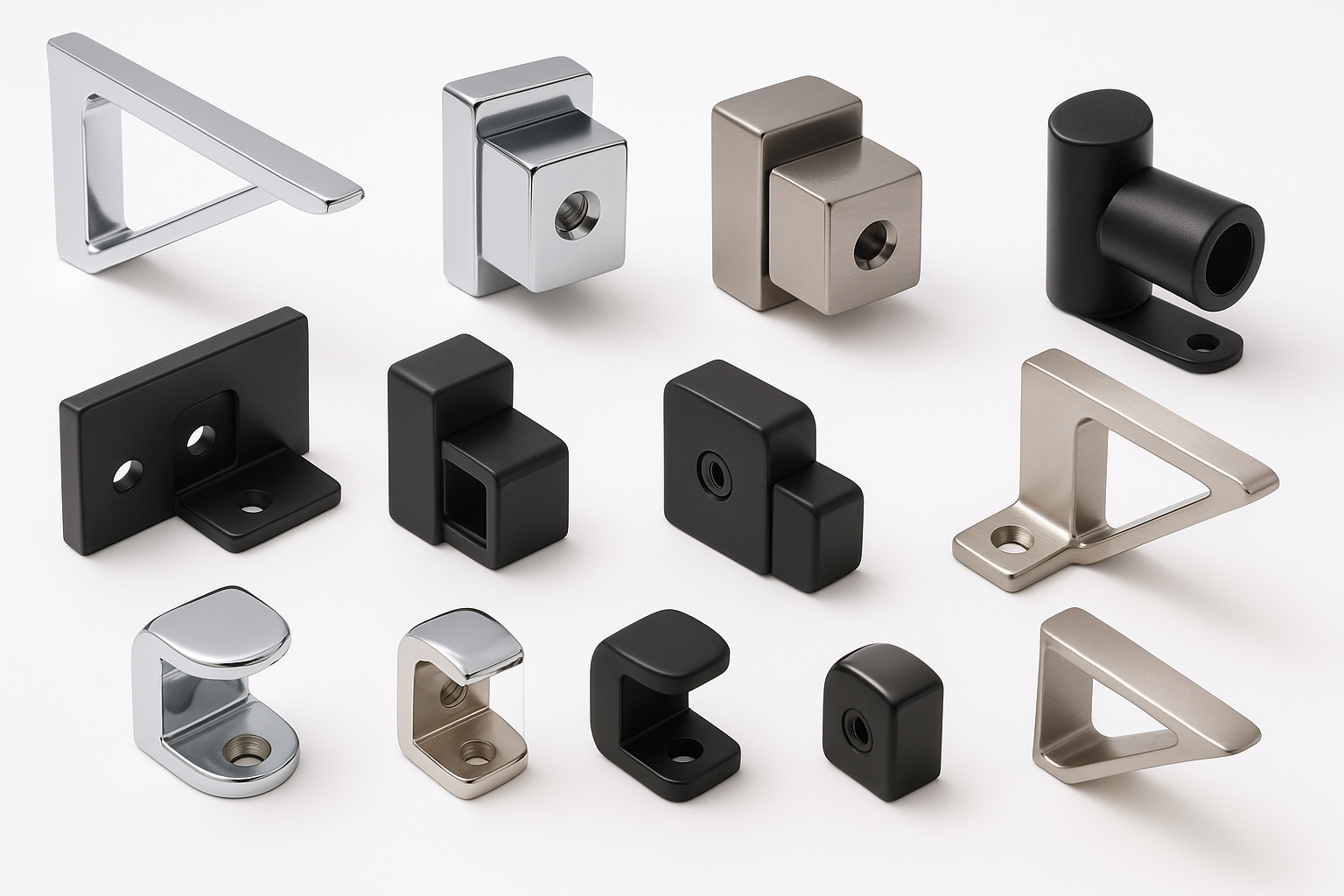 A professional image of glass brackets and supports in various designs including shelf brackets, shower door brackets, and mirror mounts in chrome, brushed nickel, and matte black finishes on a pure white background