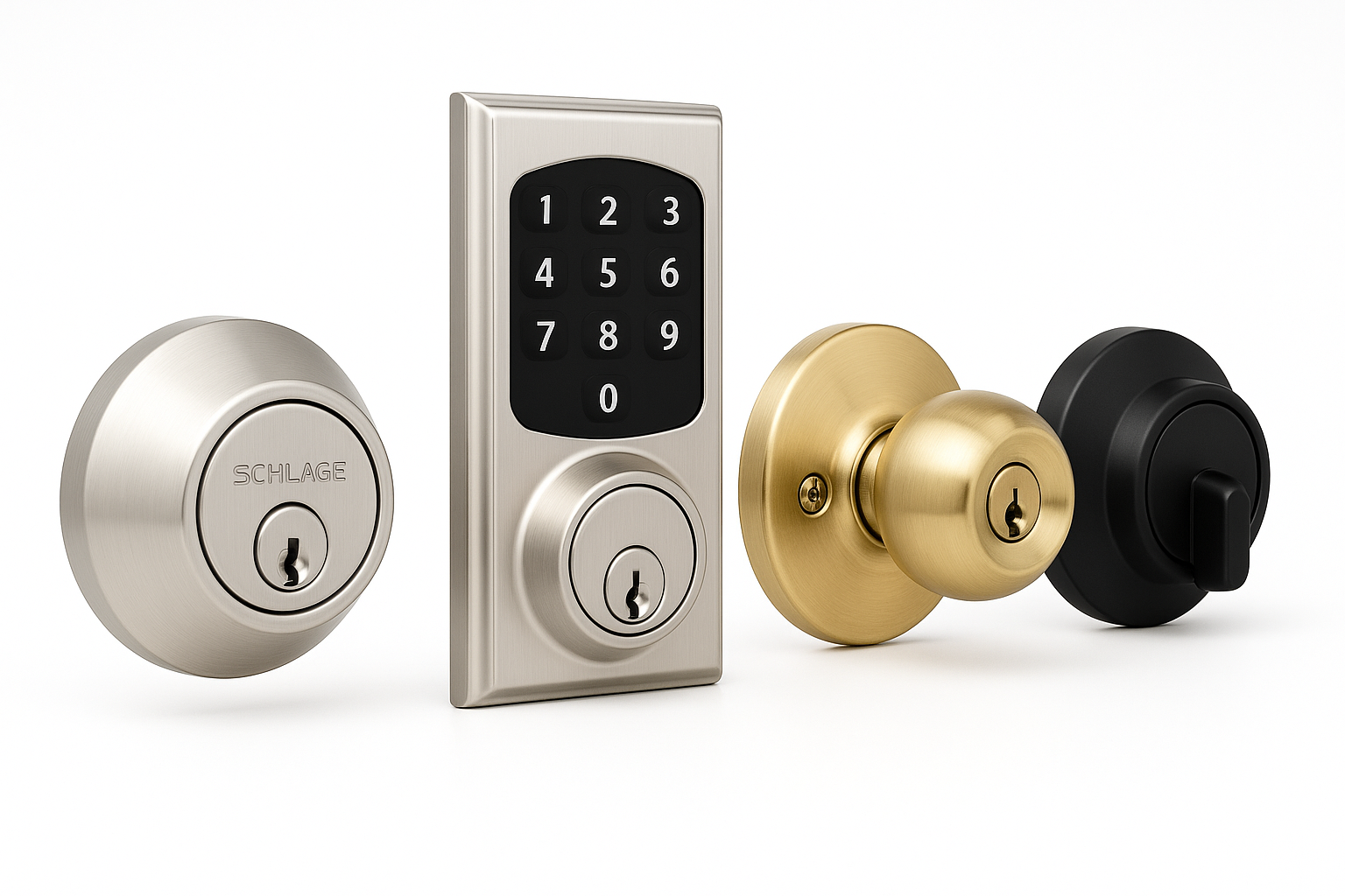 A professional image of high-security door locks in various styles including deadbolt, smart lock, and traditional keyed entry in silver, brass, and matte black finishes on a pure white background