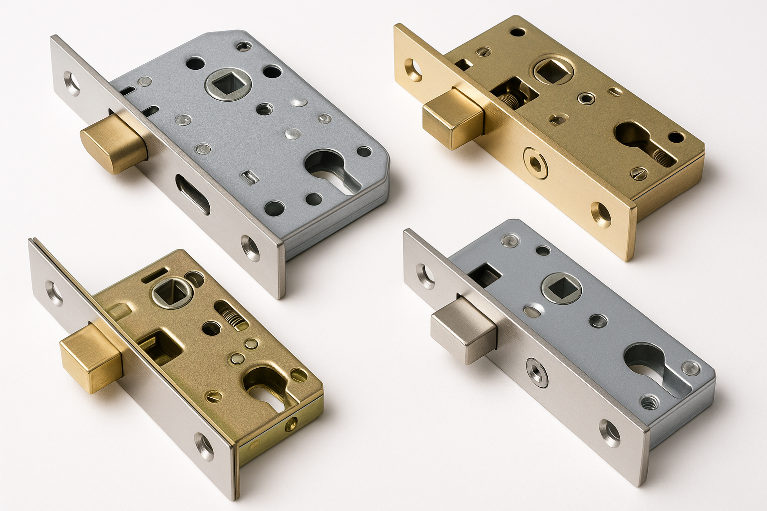 A professional image of lock bodies and mechanisms in various designs including mortise locks, tubular latches, and deadbolt mechanisms in metal finishes on a pure white background