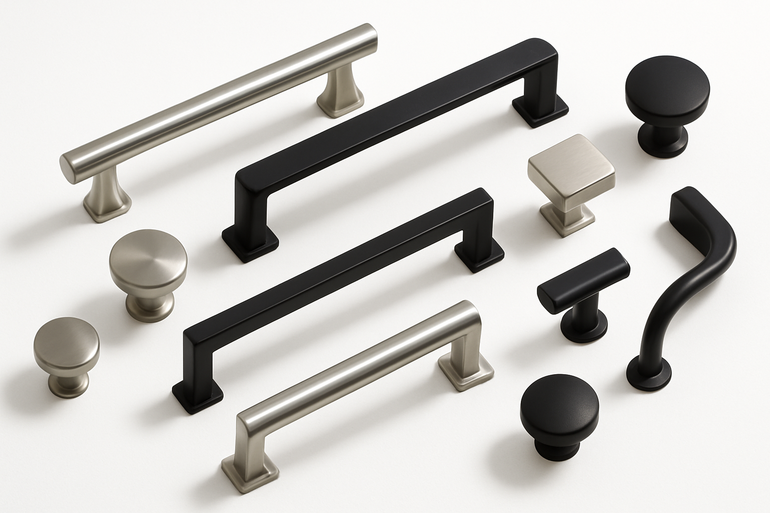 A professional image of modern kitchen hardware including cabinet pulls, knobs, and handles in stainless steel and matte black finishes on a pure white background