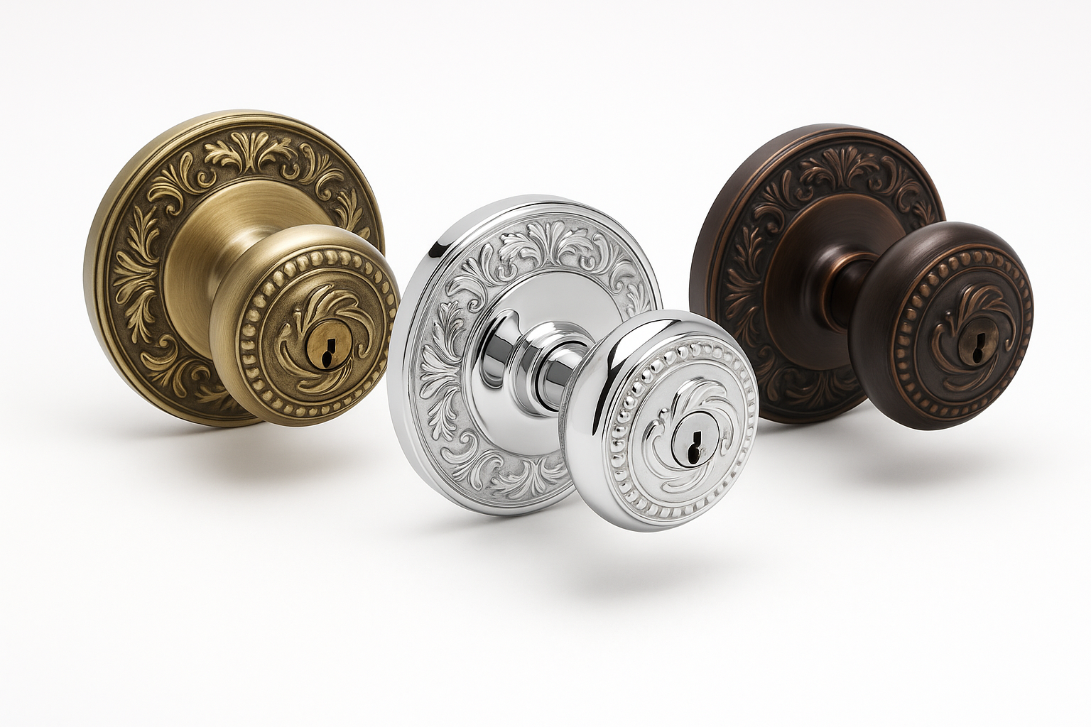 A professional image of rosette door locks in decorative designs and premium finishes including antique brass, polished chrome, and oil-rubbed bronze on a pure white background