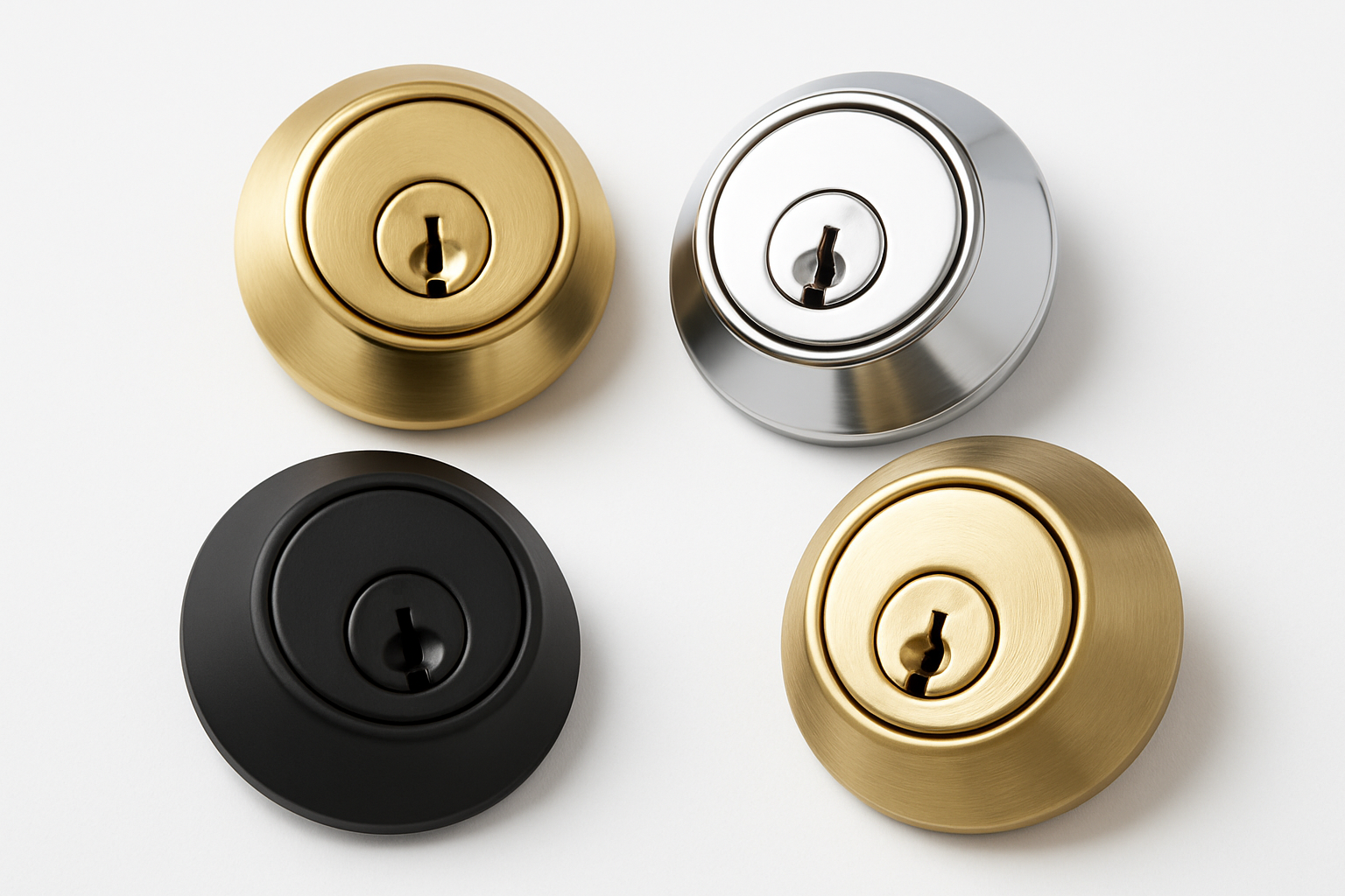 A professional image of round door locks in various metallic finishes including brass, chrome, and matte black on a pure white background