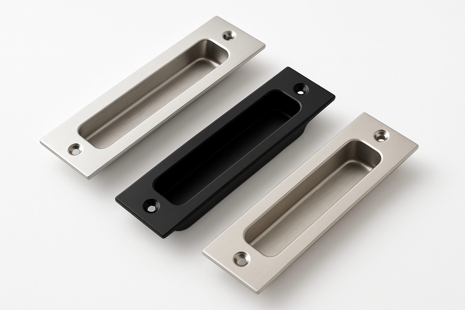 A professional image of sliding door handles in modern designs and finishes including stainless steel, black, and brushed nickel on a pure white background