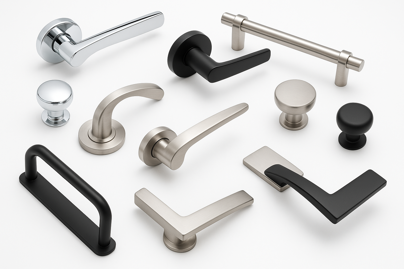 A professional image of stylish door handles in various designs including lever handles, knobs, and pull handles in chrome, brushed nickel, and matte black finishes on a pure white background