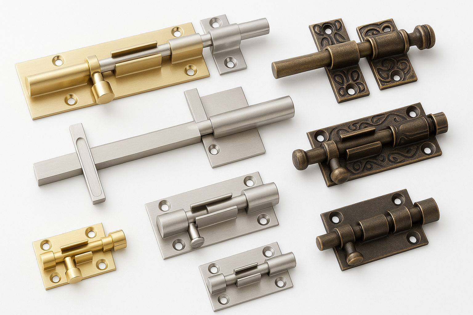 A professional image of tower bolts in various sizes and designs including barrel bolts, flush bolts, and decorative bolts in brass, stainless steel, and antique finishes on a pure white background