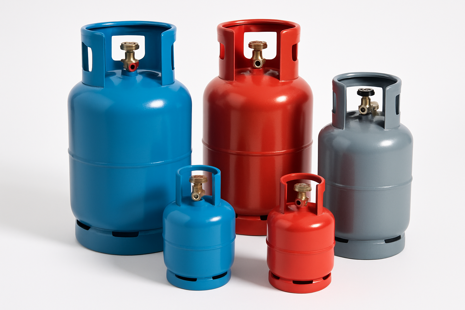 A professional image of various gas cylinders in different sizes and colors including blue, red, and gray propane and LPG cylinders on a pure white background