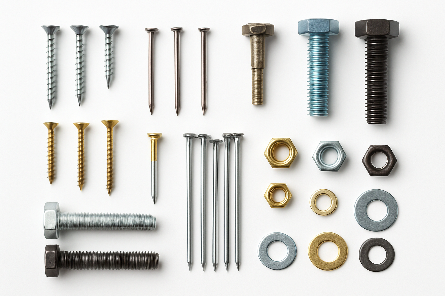 A professional image of various hardware accessories including screws, nails, bolts, nuts, and washers neatly organized on a pure white background